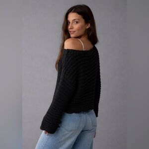 American Eagle Bell Sleeve Open Knit Ballet Neck Black Crochet Sweater, XL